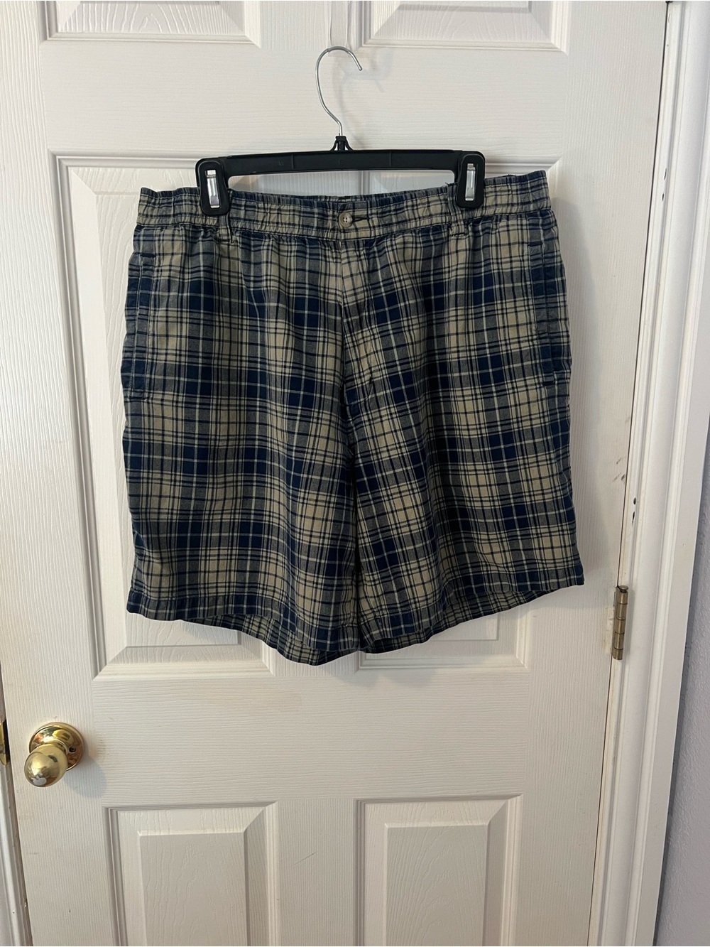 Eddie Bauer Navy and Cream Plaid Hybrid Shorts